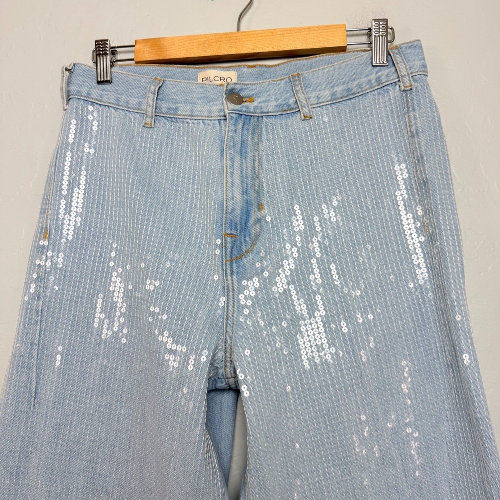 NEW Pilcro Sequin Wide Leg Jeans 28 Light Wash Denim High Rise Pants FLAW - Picture 3 of 16